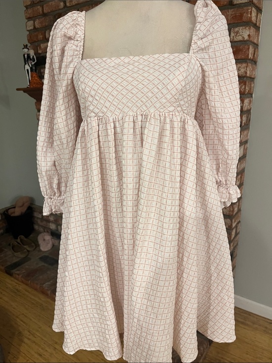 Storia Dresses & Skirts - Storia Square Neck Long Sleeve Pink Check Babydoll Dress